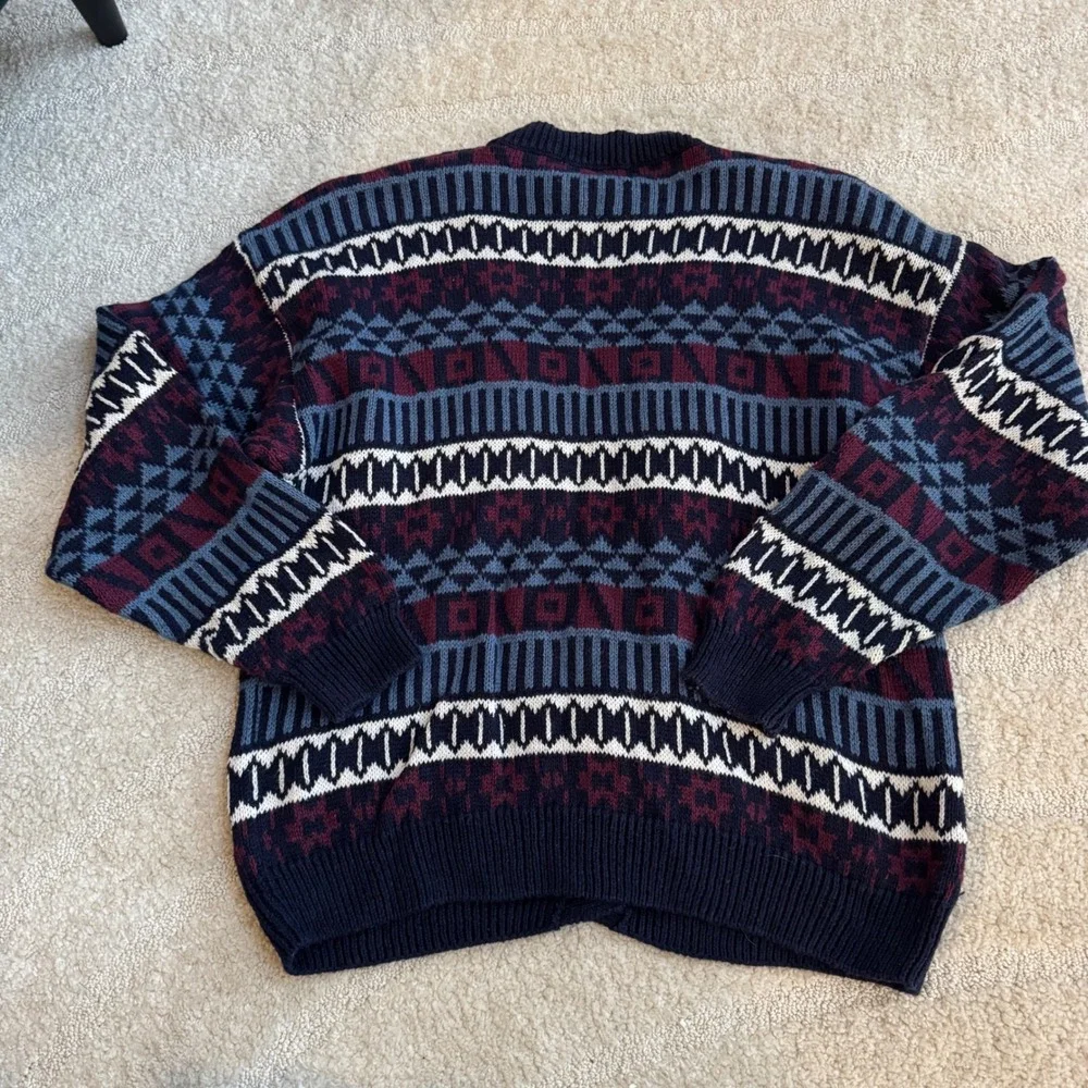 Paris Sport‎ Club Vintage Fair Isle Cardigan Sweater Navy Burgundy Geometric L